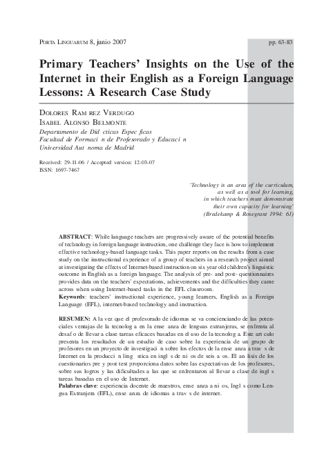 (PDF) Primary Teachers' Insights on the Use of the Internet in their ...