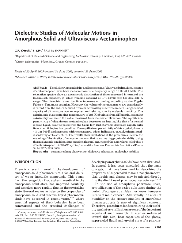 (PDF) Dielectric studies of molecular motions in amorphous solid and ...