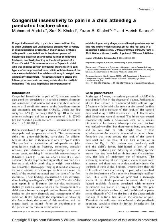 (PDF) Congenital insensitivity to pain in a child attending a ...