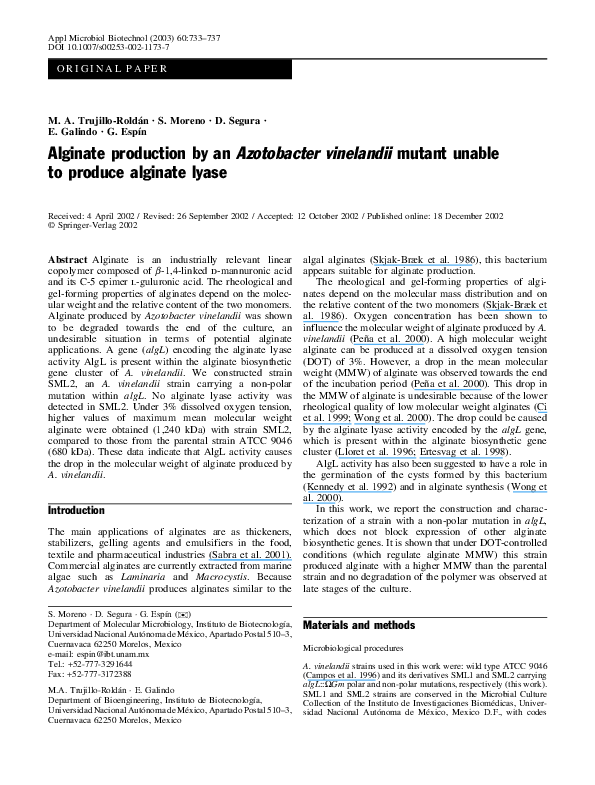 (PDF) Alginate production by Azotobacter vinelandii mutants altered in ...
