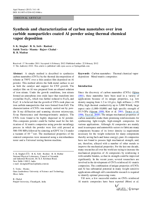 (PDF) The synthesis and characterization of carbon nanotubes grown by ...