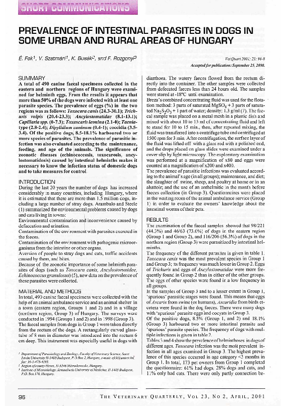 (PDF) Epidemiology: Prevalence of intestinal parasites in dogs in some ...