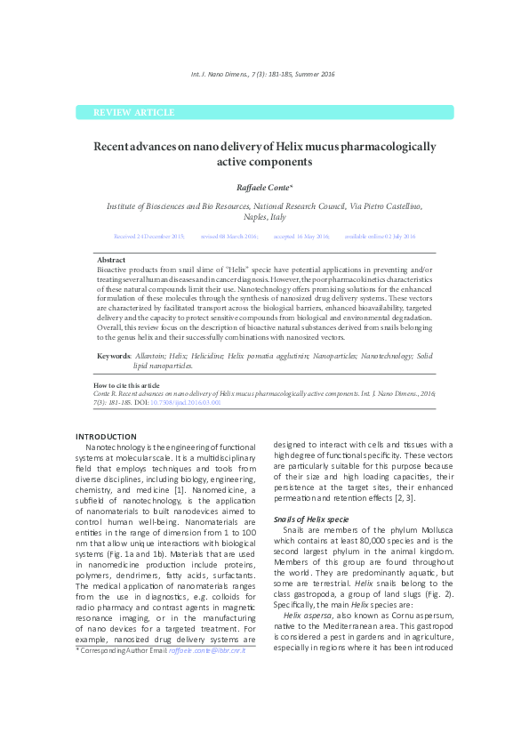 (PDF) Recent advances on nano delivery of Helix mucus pharmacologically