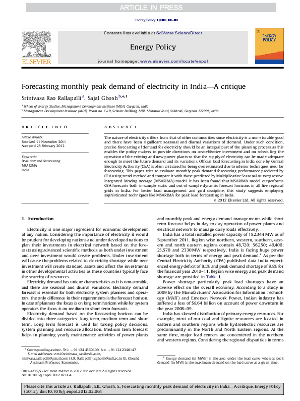 (PDF) Forecasting monthly peak demand of electricity in India—A critique