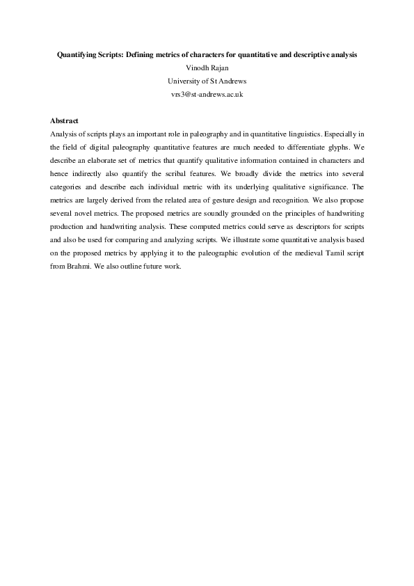 (PDF) Quantifying Scripts: Defining Metrics of Characters for ...