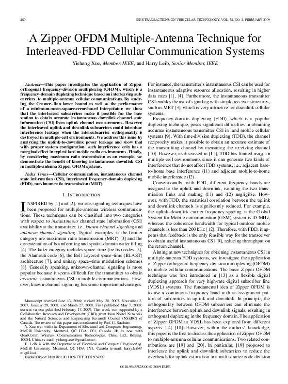(PDF) A Zipper OFDM MultipleAntenna Technique for InterleavedFDD