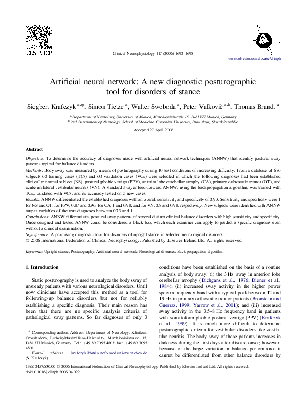(PDF) Artificial neural network: A new diagnostic posturographic tool ...