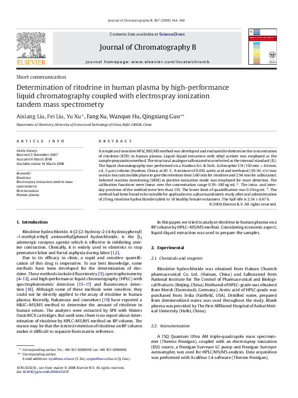 (PDF) Determination of ritodrine in human plasma by high-performance ...