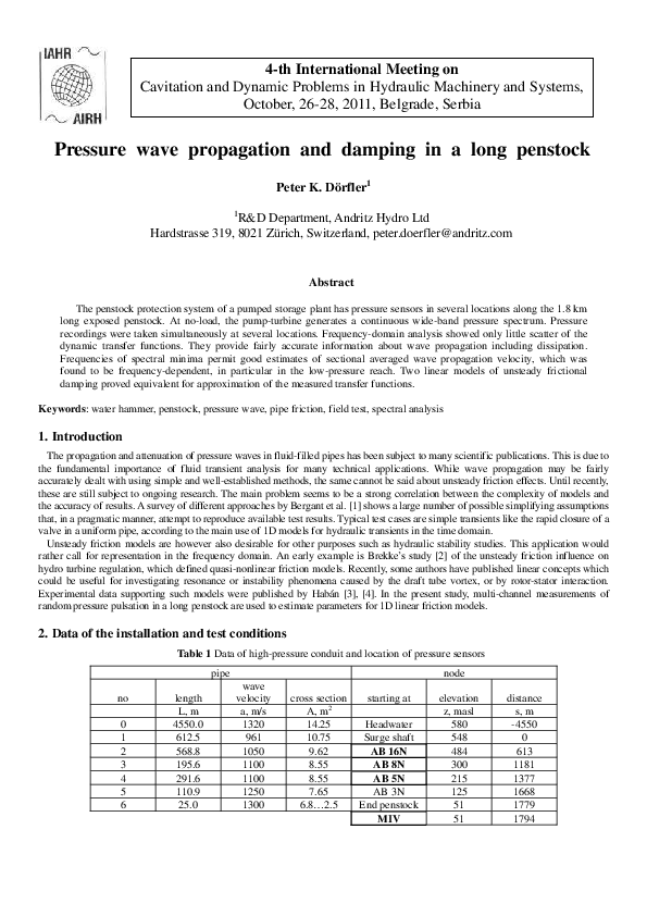 (PDF) Pressure wave propagation and damping in a long penstock Peter