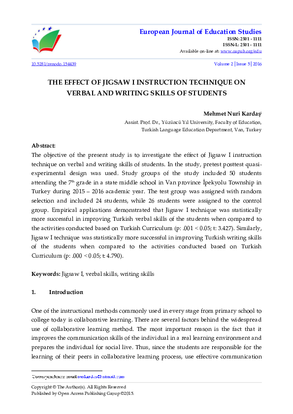 (PDF) THE EFFECT OF JIGSAW I INSTRUCTION TECHNIQUE ON VERBAL AND ...