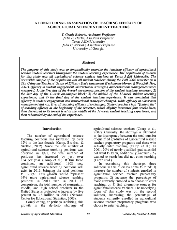 (PDF) A Longitudinal Examination Of Teaching Efficacy Of Agricultural ...