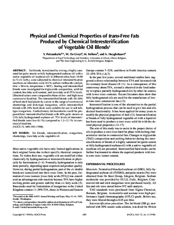(PDF) Physical and chemical properties of trans free fats produced by