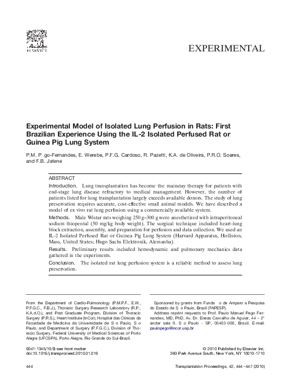(PDF) Experimental Model of Isolated Lung Perfusion in Rats: First ...