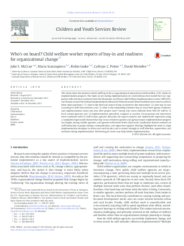  PDF Who s On Board Child Welfare Worker Reports Of Buy in And Readiness For Organizational 