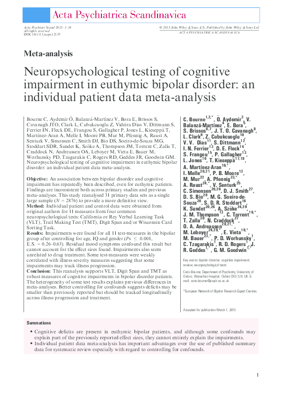(PDF) Neuropsychological testing of cognitive impairment in euthymic ...