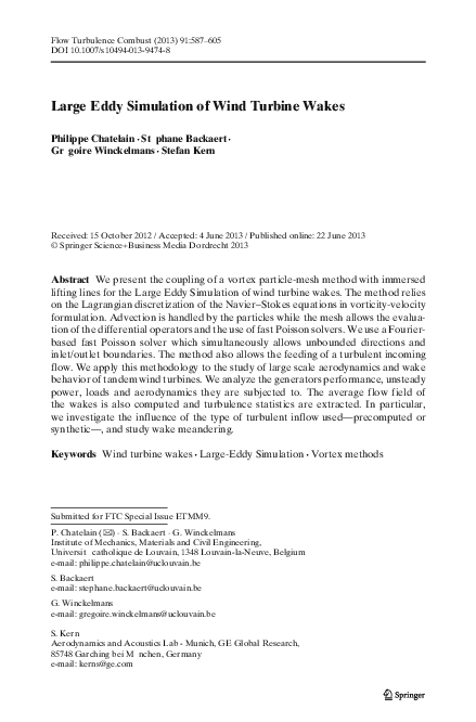 (PDF) Large Eddy Simulation of Wind Turbine Wakes