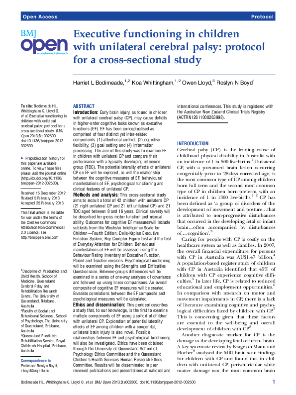 (PDF) Executive functioning in children with unilateral cerebral palsy ...