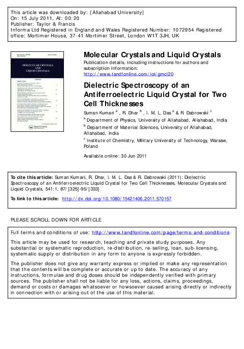 (PDF) Dielectric Spectroscopy of an Antiferroelectric Liquid Crystal ...