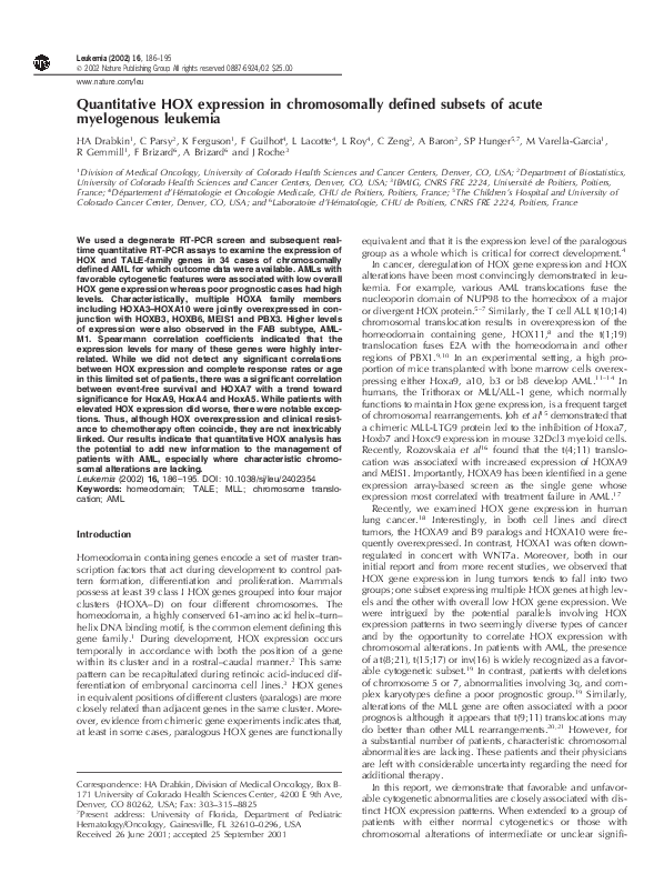 (PDF) Quantitative HOX expression in chromosomally defined subsets of ...
