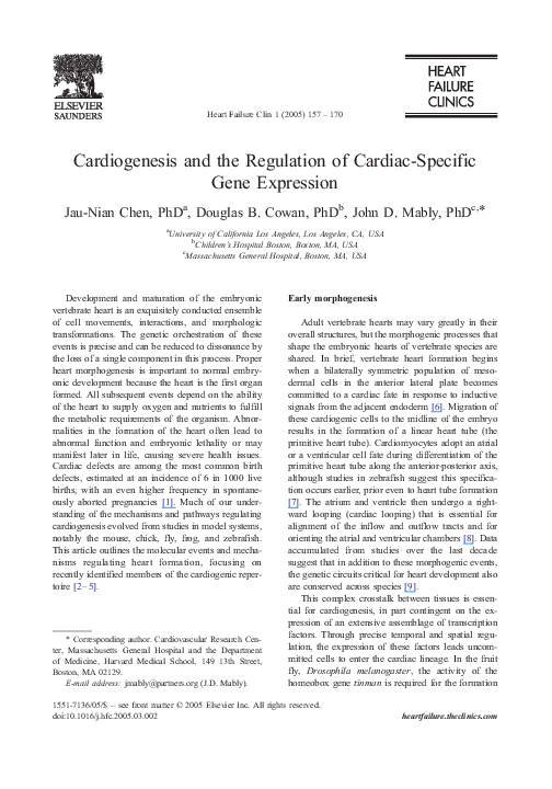 (PDF) Cardiogenesis and the Regulation of Cardiac-Specific Gene Expression