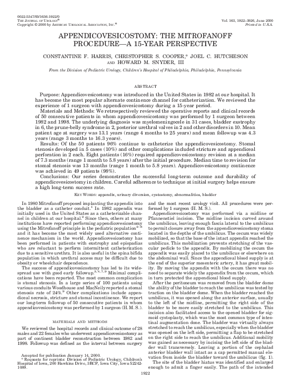 (PDF) APPENDICOVESICOSTOMY: THE MITROFANOFF PROCEDURE—A 15YEAR PERSPECTIVE