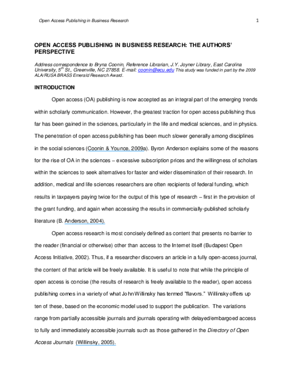 (PDF) Open Access Publishing in Business Research: The Authors’ Perspective