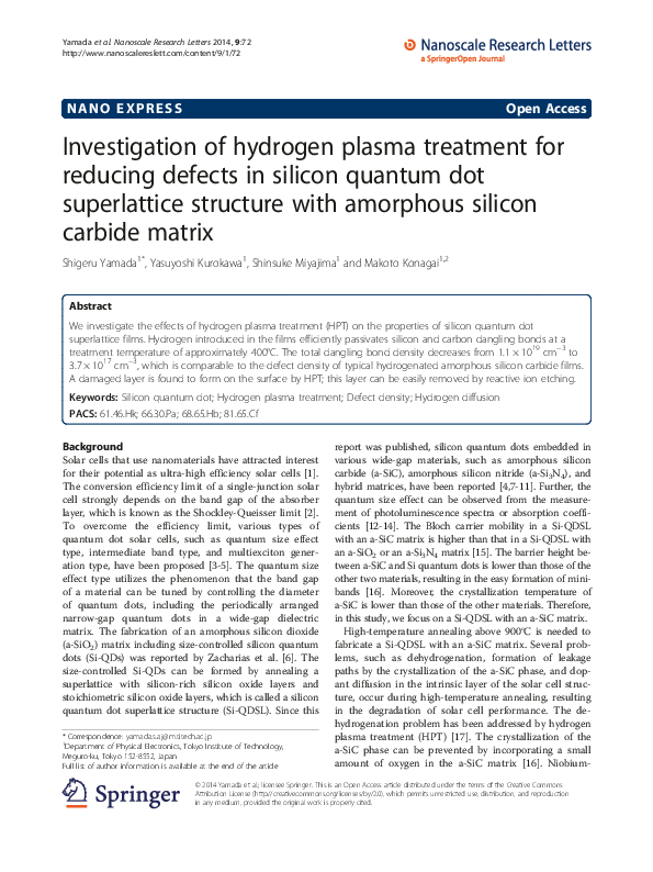 (PDF) Investigation of hydrogen plasma treatment for reducing defects ...