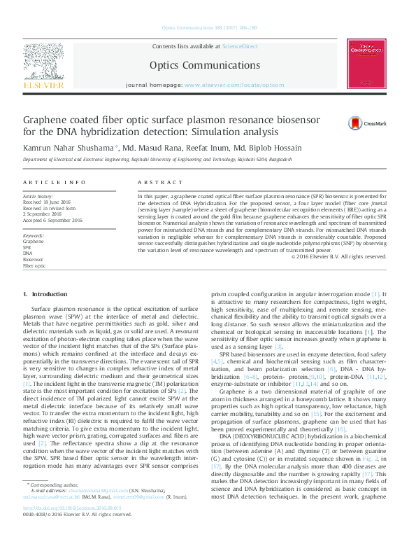 Graphene coated fiber optic surface plasmon resonance biosensor for the ...