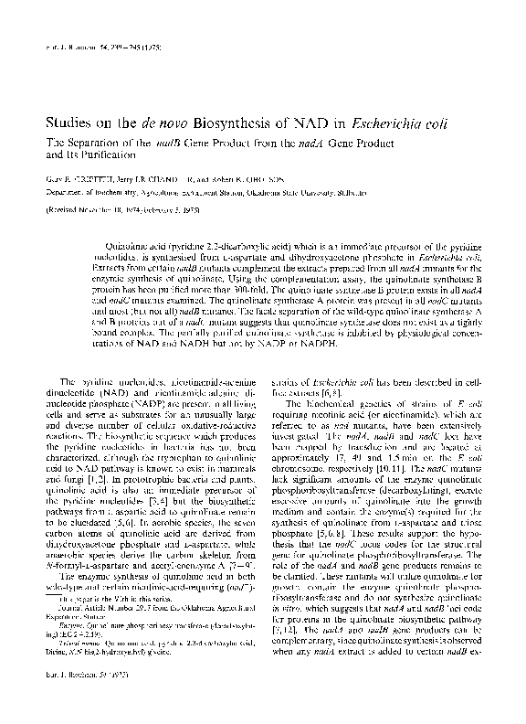 (PDF) Studies on the de novo Biosynthesis of NAD in Escherichia coli ...