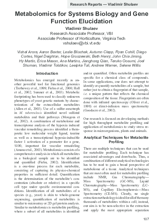 (PDF) Metabolomics for Systems Biology and Gene Function Elucidation