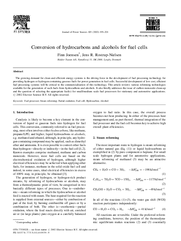 (PDF) Conversion of hydrocarbons and alcohols for fuel cells Finn