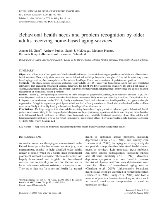 (PDF) Behavioral health needs and problem recognition by older adults ...