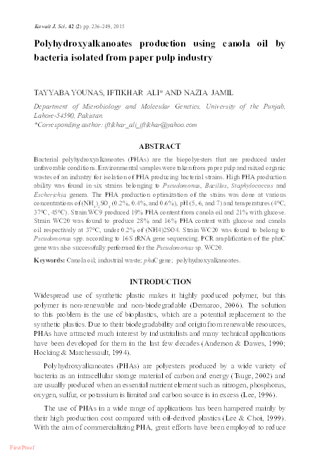 (PDF) Polyhydroxyalkanoates production using canola oil by bacteria ...