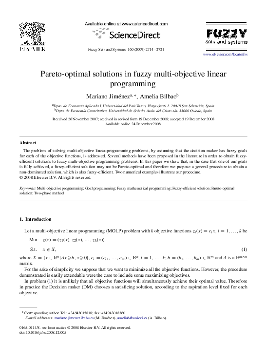 PDF) Pareto-optimal solutions in fuzzy multi-objective linear