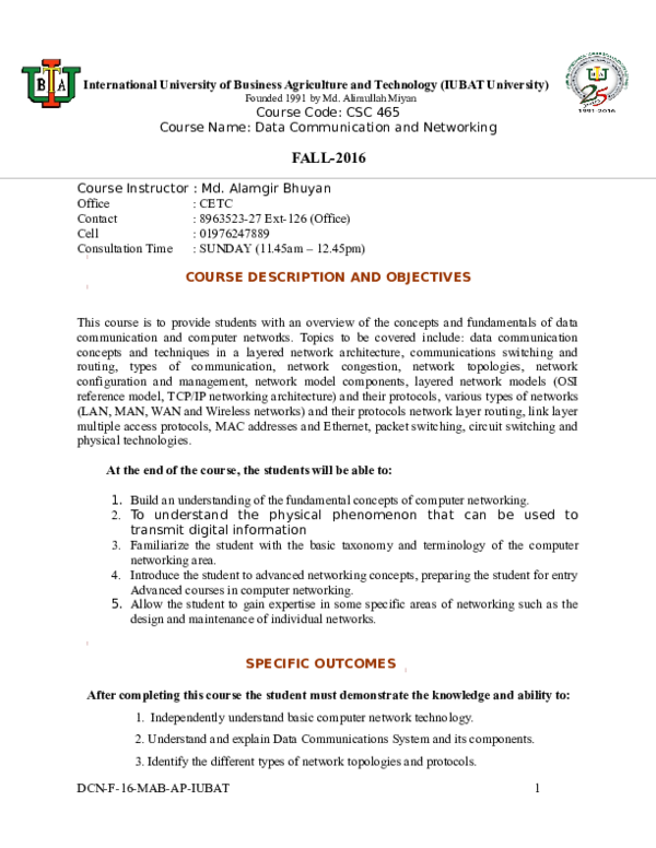 (DOC) Course Outline CSC 465 Data Communication and Networking Md. Alamgir Bhuyan Academia.edu