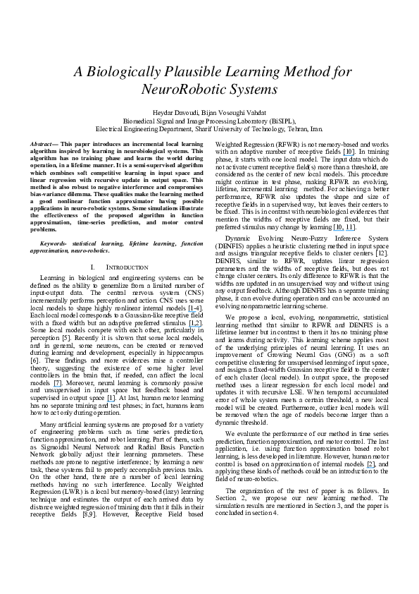 (PDF) A biologically plausible learning method for neurorobotic systems
