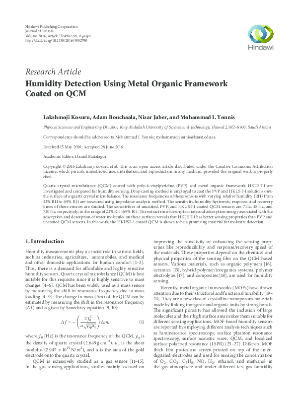 (PDF) Humidity Detection Using Metal Organic Framework Coated on QCM