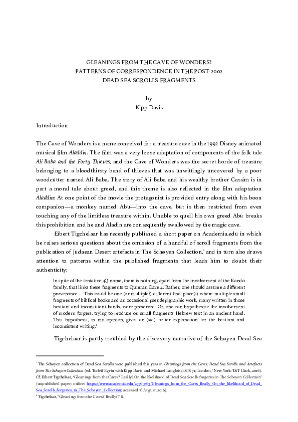 First page of “Gleanings from the Cave of Wonders? Patterns of Correspondence in the Post-2002 Dead Sea Scrolls Fragments”