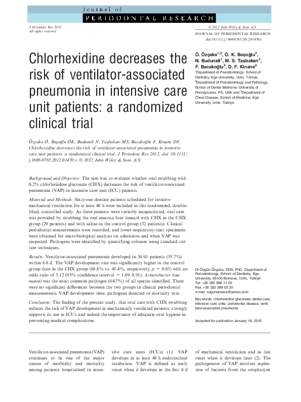 (PDF) Preventing VentilatorAssociated Pneumonia in Intensive Care Unit by improved Oral Care a