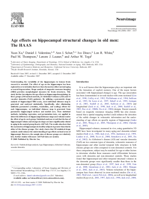 (PDF) Age effects on hippocampal structural changes in old men: The HAAS