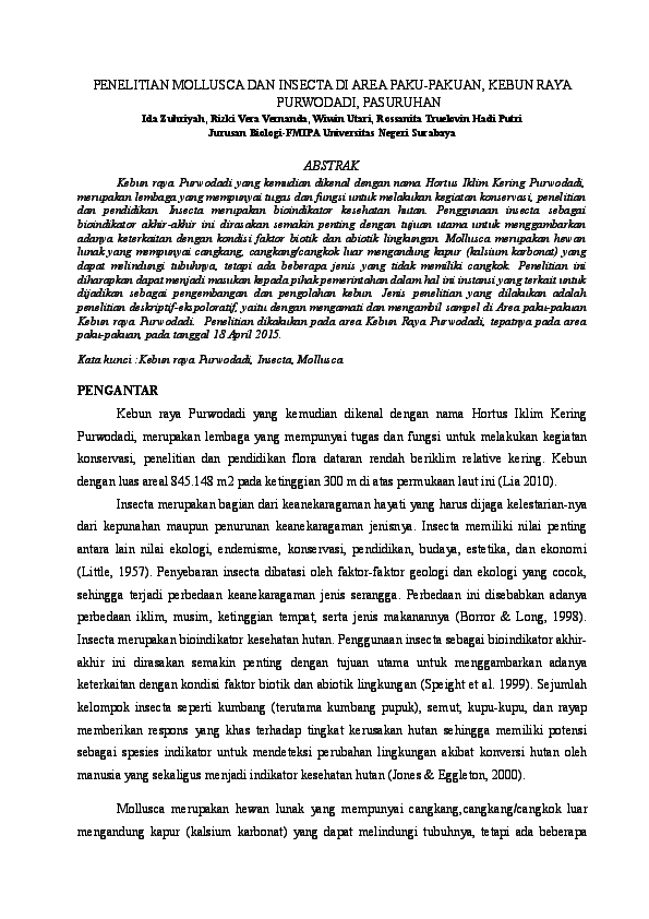 (DOC) Molusca dan Insecta Area Paku-pakuan Kebun Raya Purwodadi