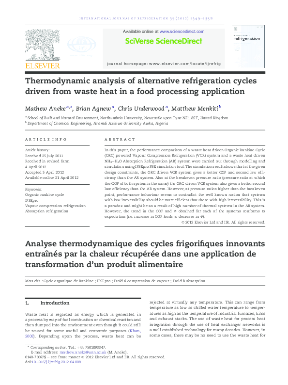 (PDF) Thermodynamic analysis of alternative refrigeration cycles driven