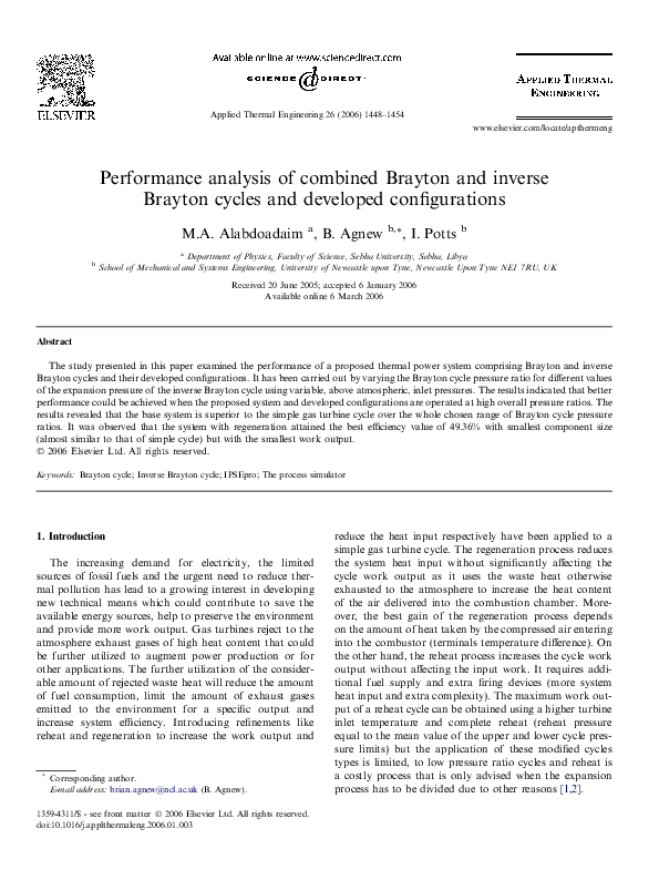 (PDF) Performance analysis of combined Brayton and inverse Brayton