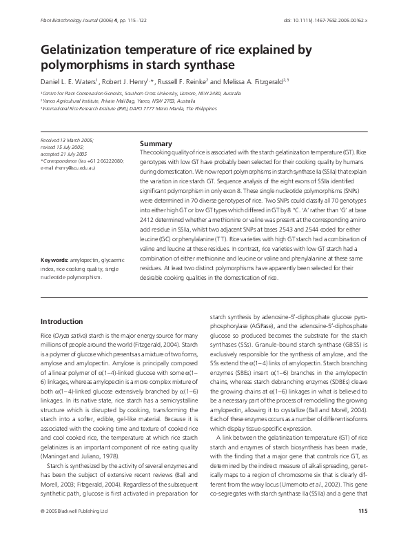 (PDF) Gelatinization temperature of rice explained by polymorphisms in
