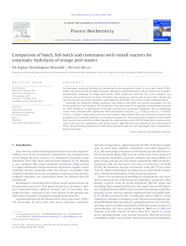 (PDF) Comparison of batch, fedbatch and continuous wellmixed reactors