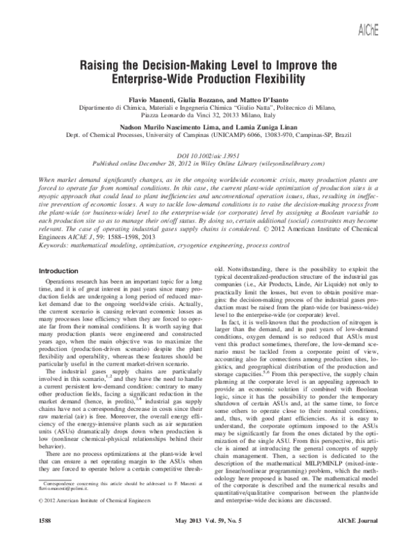 Pdf Raising The Decision Making Level To Improve The Enterprise Wide Production Flexibility Flavio Manenti Lamia Linan And Giulia Bozzano Academia Edu