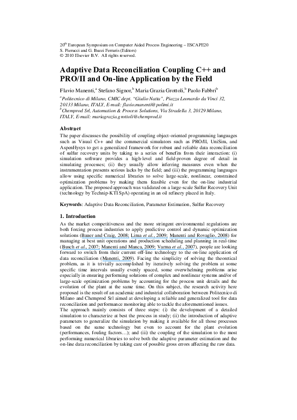 (PDF) Adaptive data reconciliation coupling C++ and PRO/II and on-line ...
