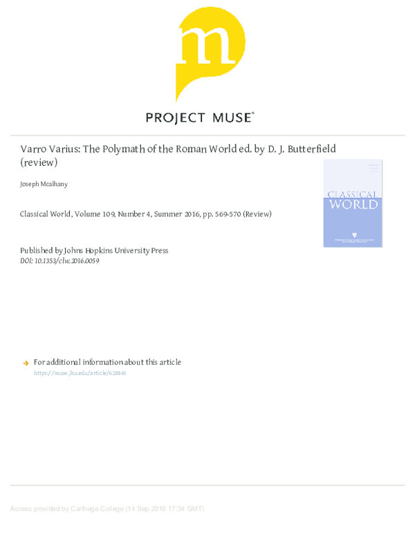 (PDF) McAlhany on D.J. Butterfield (ed.), Varro Varius: The Polymath of ...