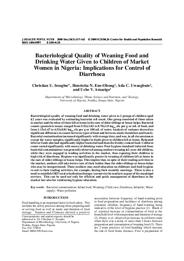 (PDF) Bacteriological quality of weaning food and drinking water given ...