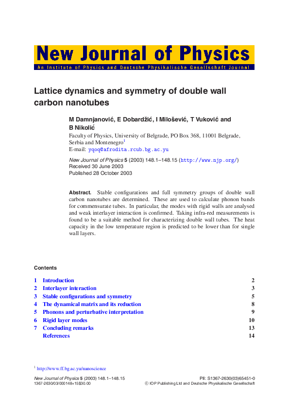 (PDF) Lattice dynamics and symmetry of double wall carbon nanotubes